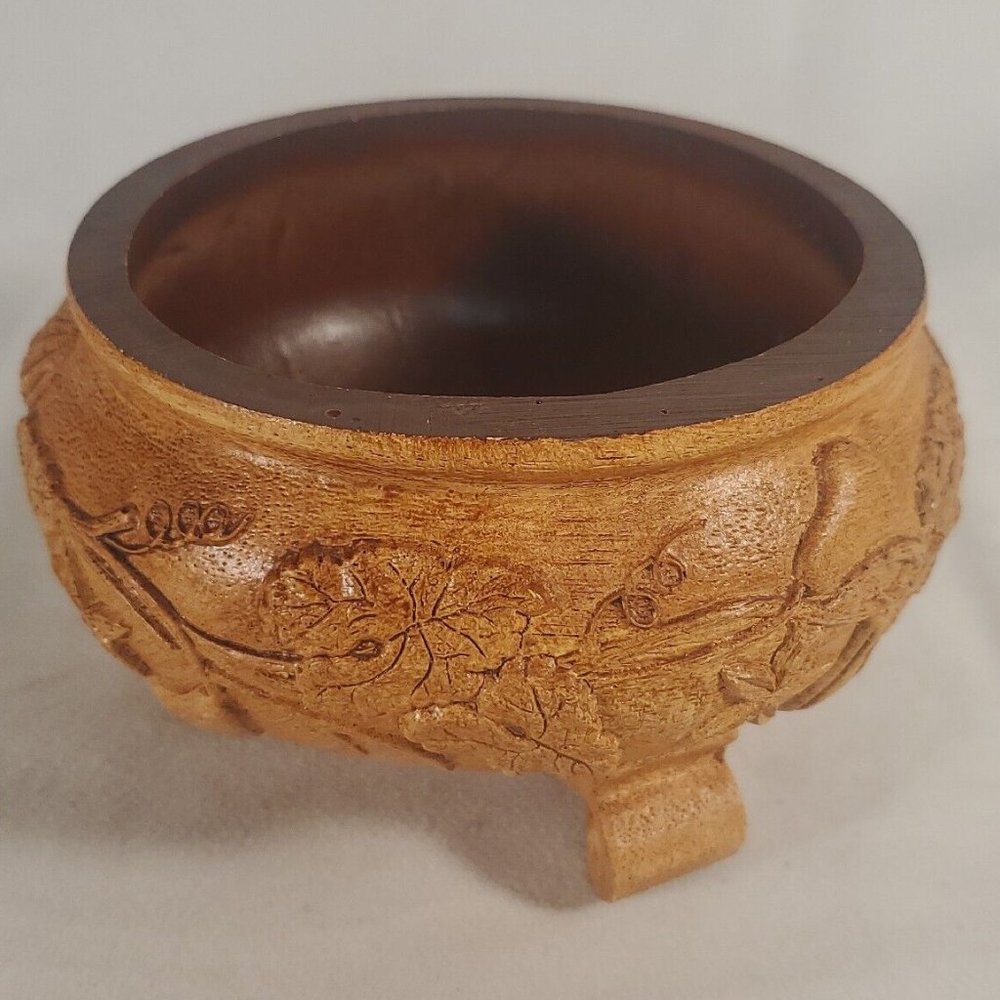 Vintage FTDA Made in USA Wood Resin Footed Bowl Pot Gourd Vine Leaf Design Fall